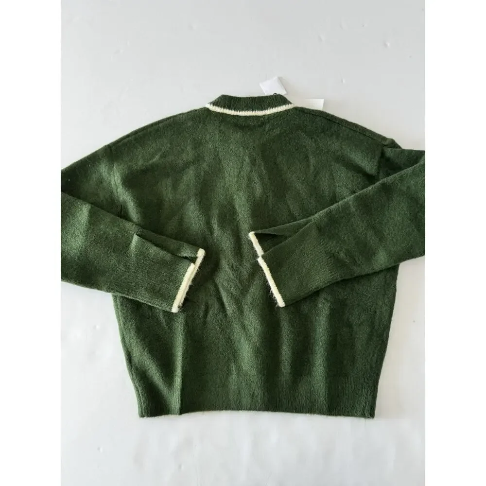 Zara Womens Size XS Cardigan Contrast Trims Green Button Up Long Sleeves Green